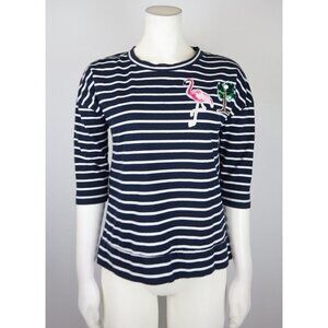 CASEY KEY - WOMEN'S BLUE & WHITE STRIPED T-SHIRT - SIZE PM - FLAMINGO PALM TREE
